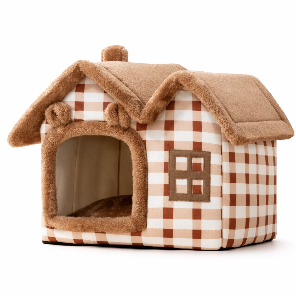 Plush Pet House with Detachable Roof Brown