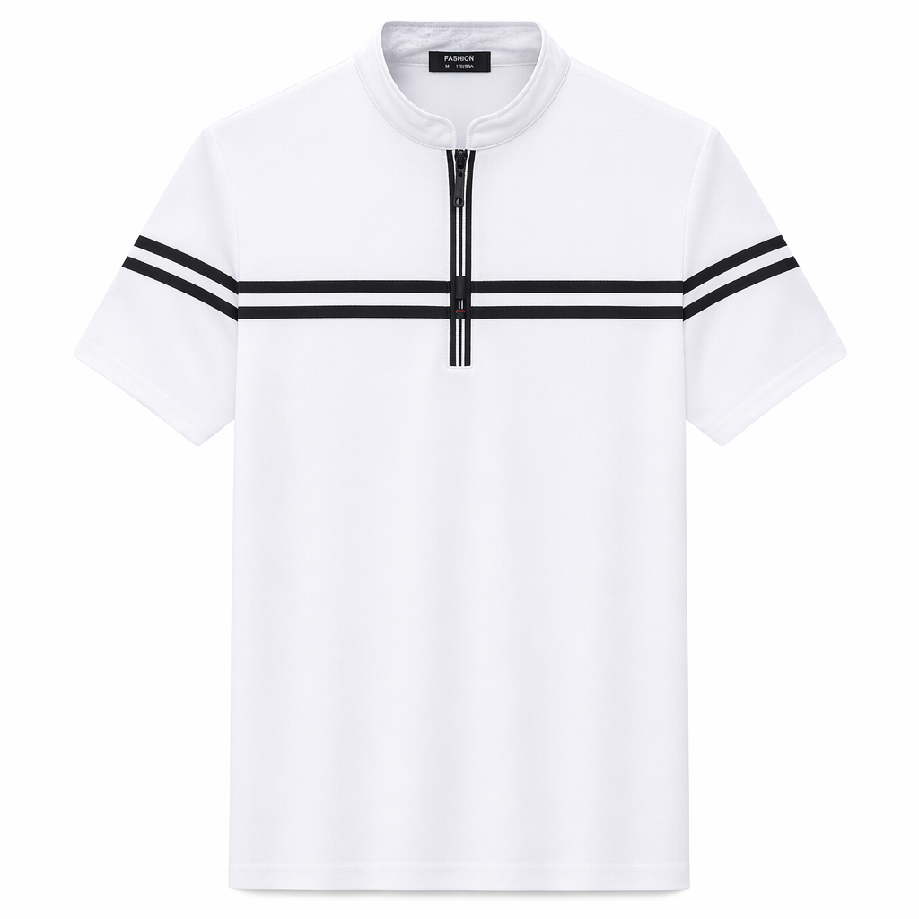 Stand Collar Men's Polo Shirt with Stripes White