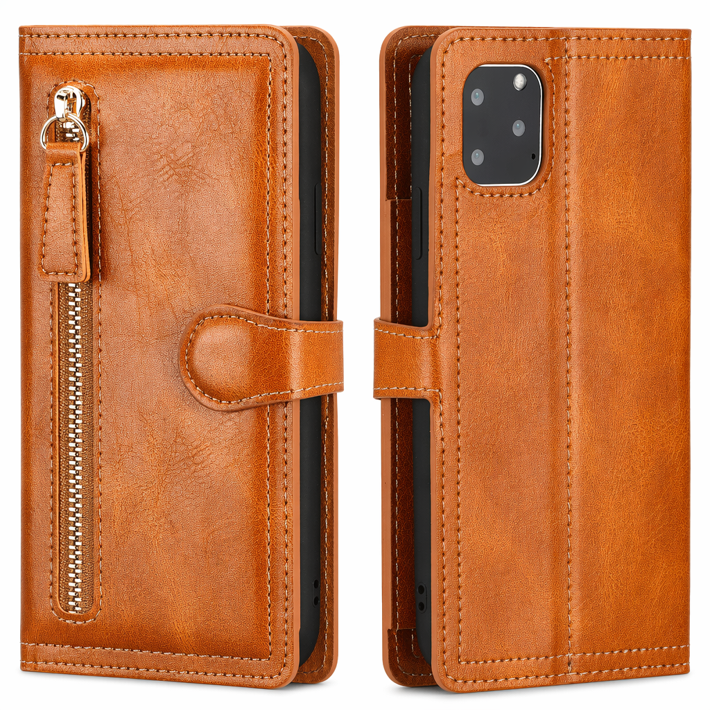 Wireless Charging Compatible Flip Case with Zippered Wallet for iPhone X to 14 Series Brown