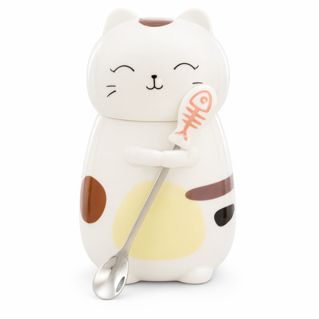 3D Feline Mug Set with Matching Spoon Yellow