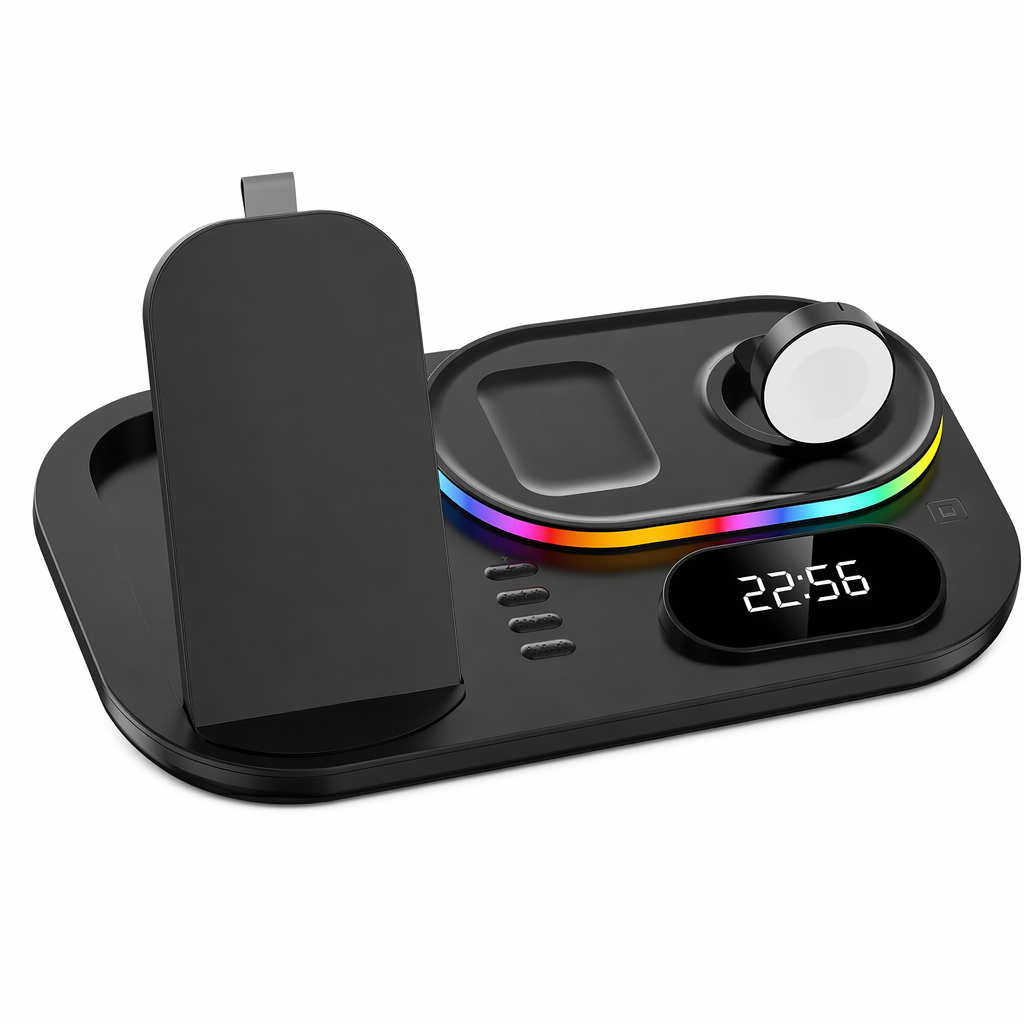LED Wireless Charging Station with 4-in-1 Functionality Black