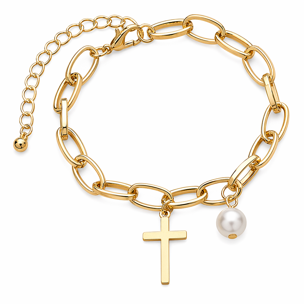 Oval Link Bracelet for Women with Cross Pendant and Imitation Pearl Default