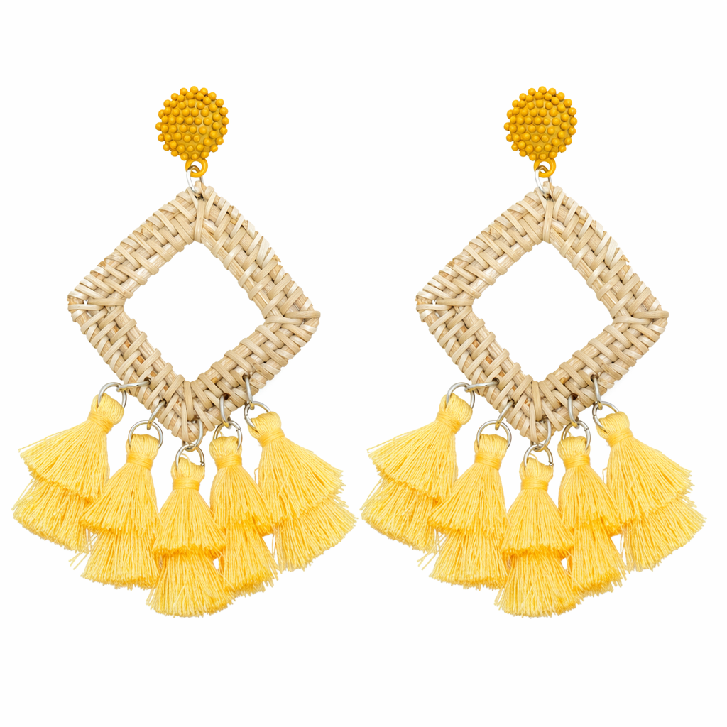 Tassel Rattan Dangle Earrings Yellow