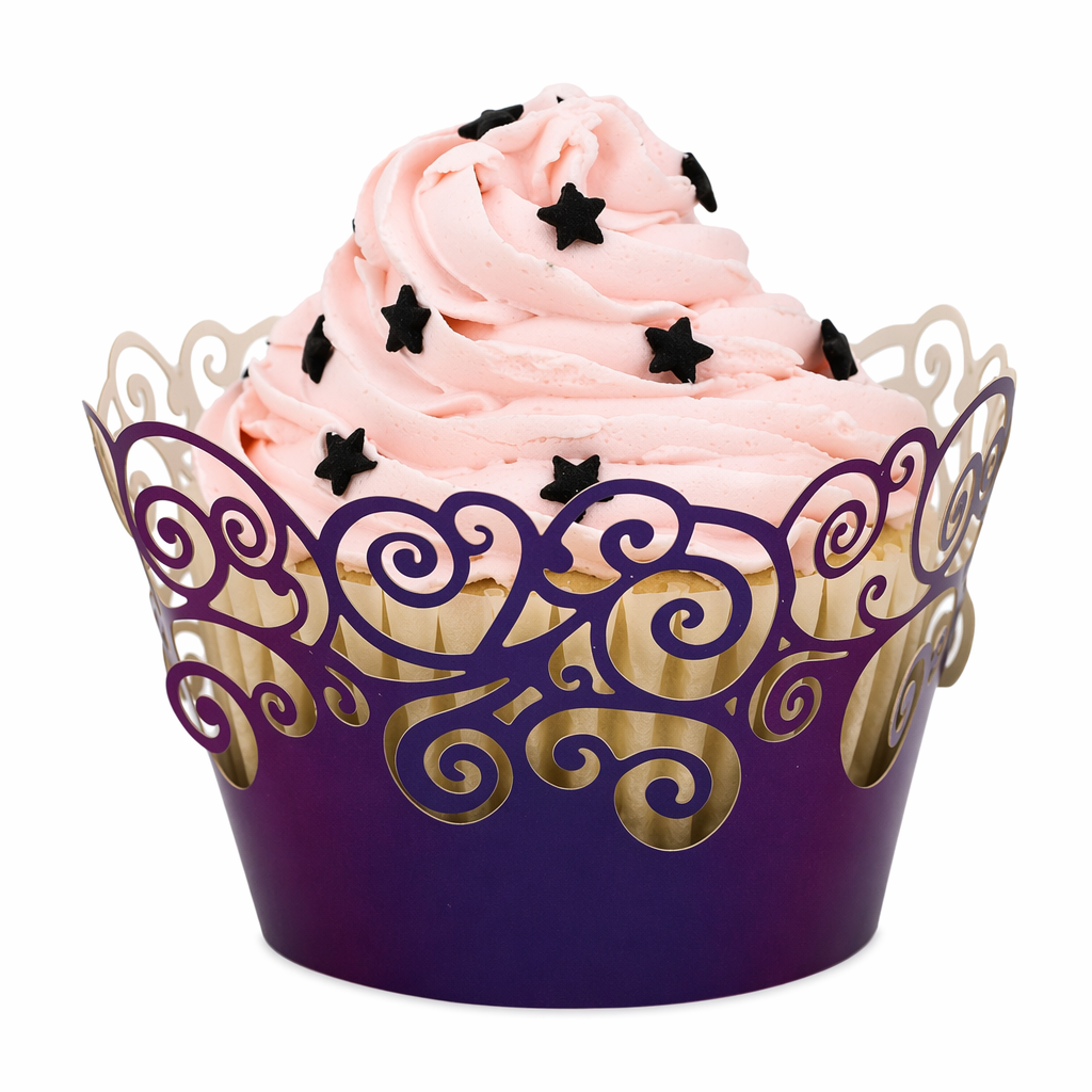 Set of 100 Lace Laser Cut Holders for Cupcakes and Muffins with Festive Design Purple