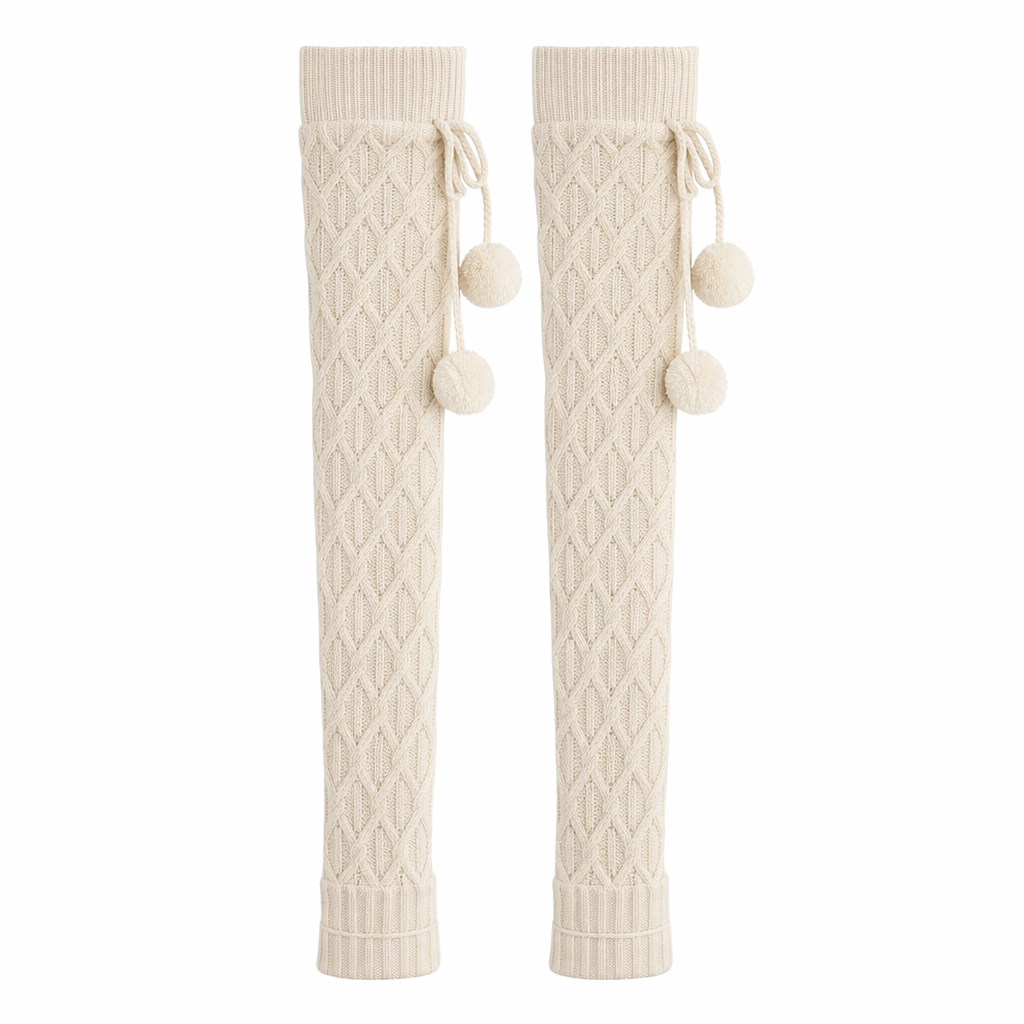 Cable-Knit Cotton Thigh Highs with Pom Poms Default