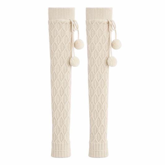 Cable-Knit Cotton Thigh Highs with Pom Poms Default