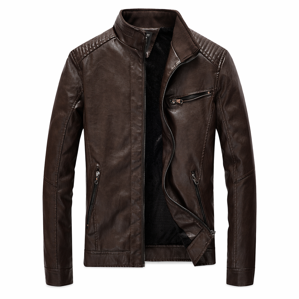 Motorcycle Vegan Leather Jacket with Stand Collar for Men Dark Brown