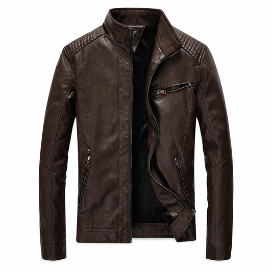 Motorcycle Vegan Leather Jacket with Stand Collar for Men Dark Brown