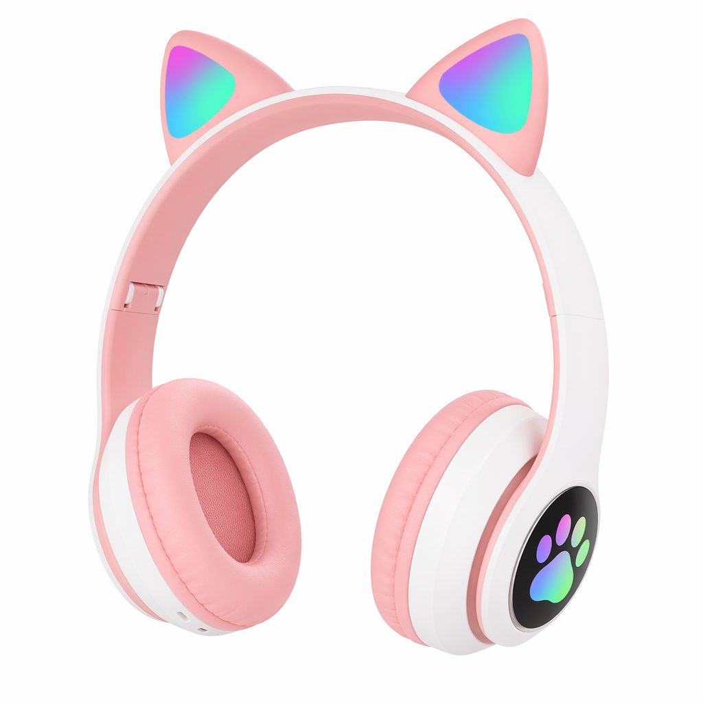 LED Feline Ear Wireless Headphones with Cartoon Design Pink