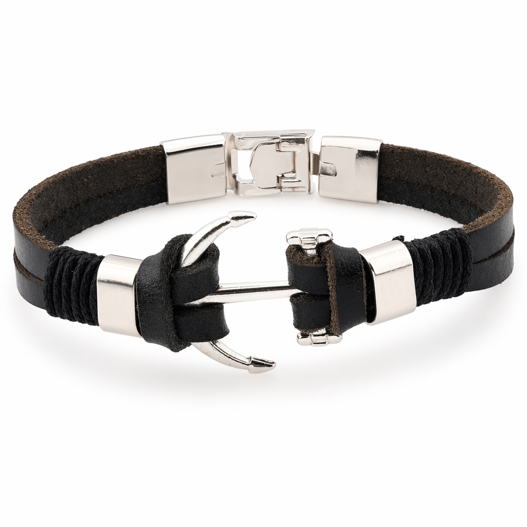 Trendy Leather Bracelet for Men with Nautical Anchor Motif Black