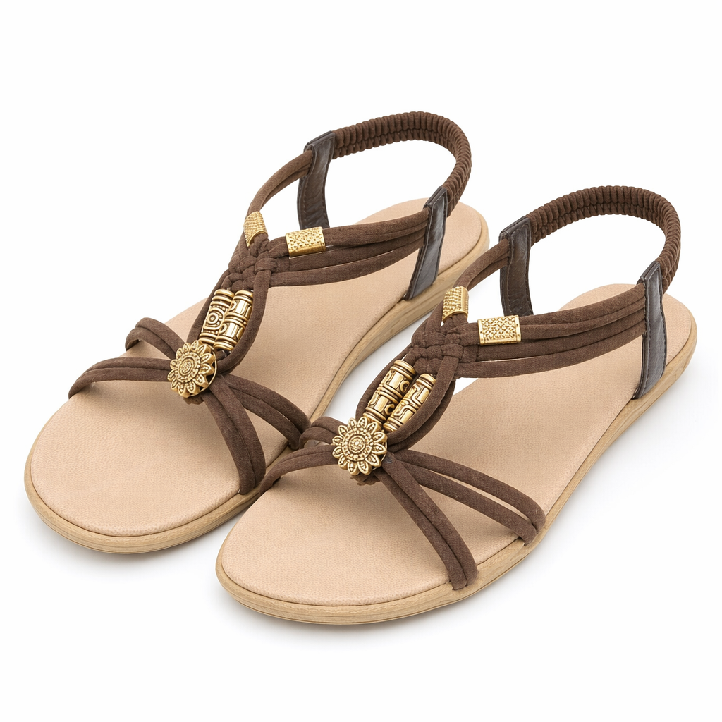 Beaded Low Heel Sandals for Women Brown