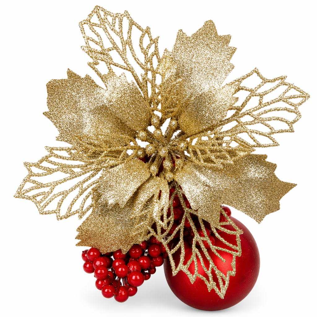 Set of 10 Glittery Flower Christmas Tree Ornaments Gold