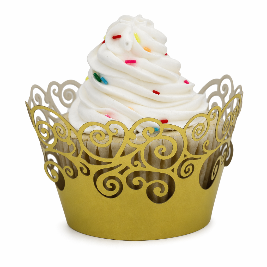 Set of 100 Lace Laser Cut Holders for Cupcakes and Muffins with Festive Design Yellow