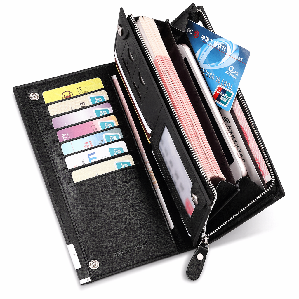 Leather Long Wallet for Men's Business Attire Black