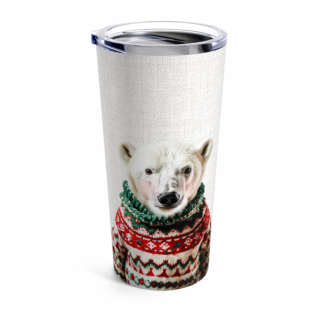 20oz Tumbler with a Christmas Sweater-Clad Polar Bear in Rosy Hue Default