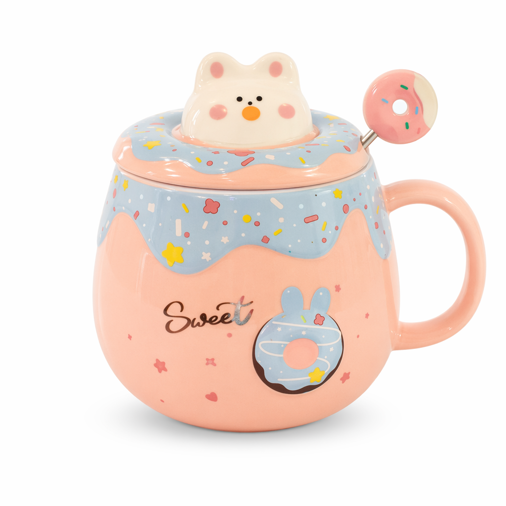 Kitten Theme Donut Cartoon Mug with Cover Pink