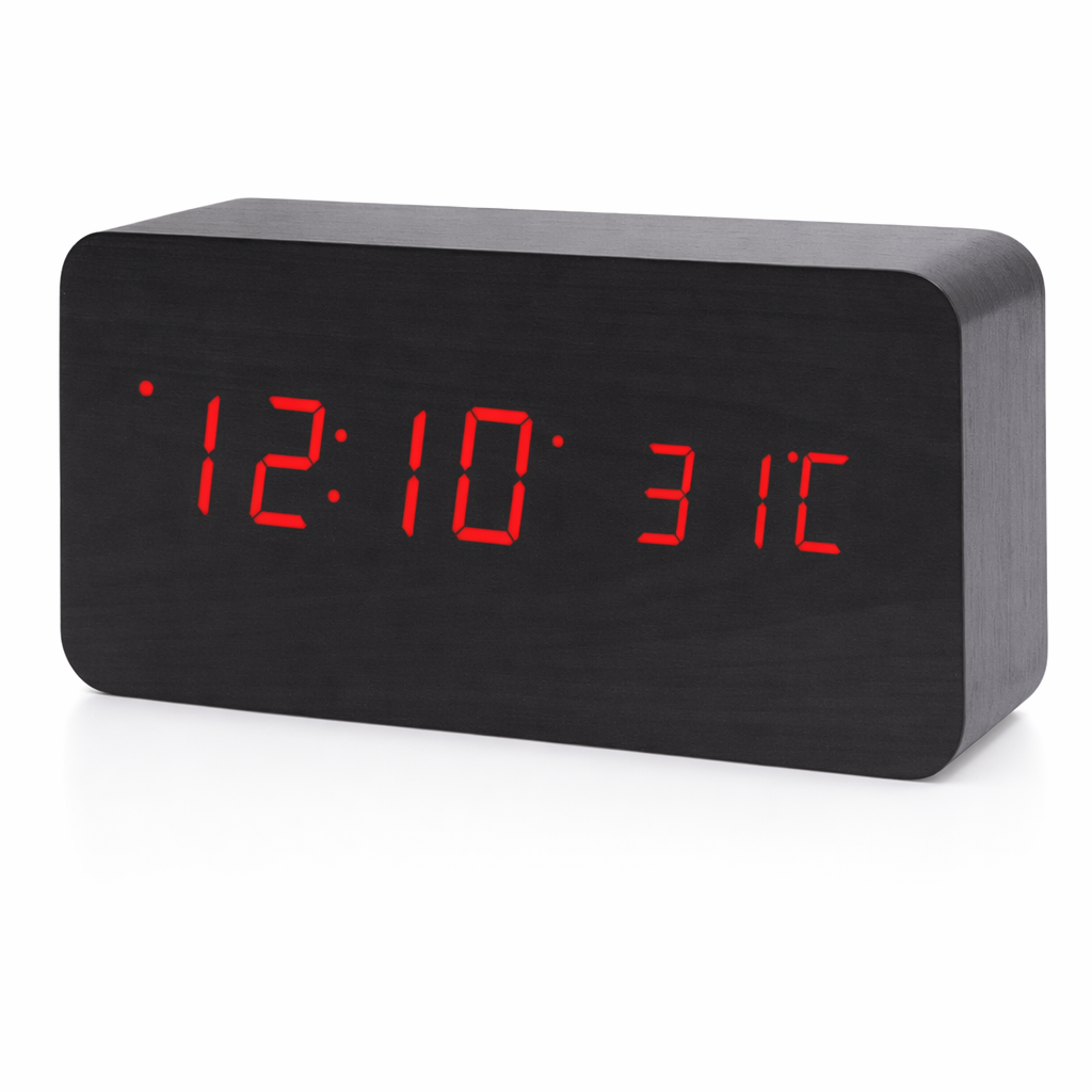 Wooden LED Digital Clock with Temperature Indicator Black With Red