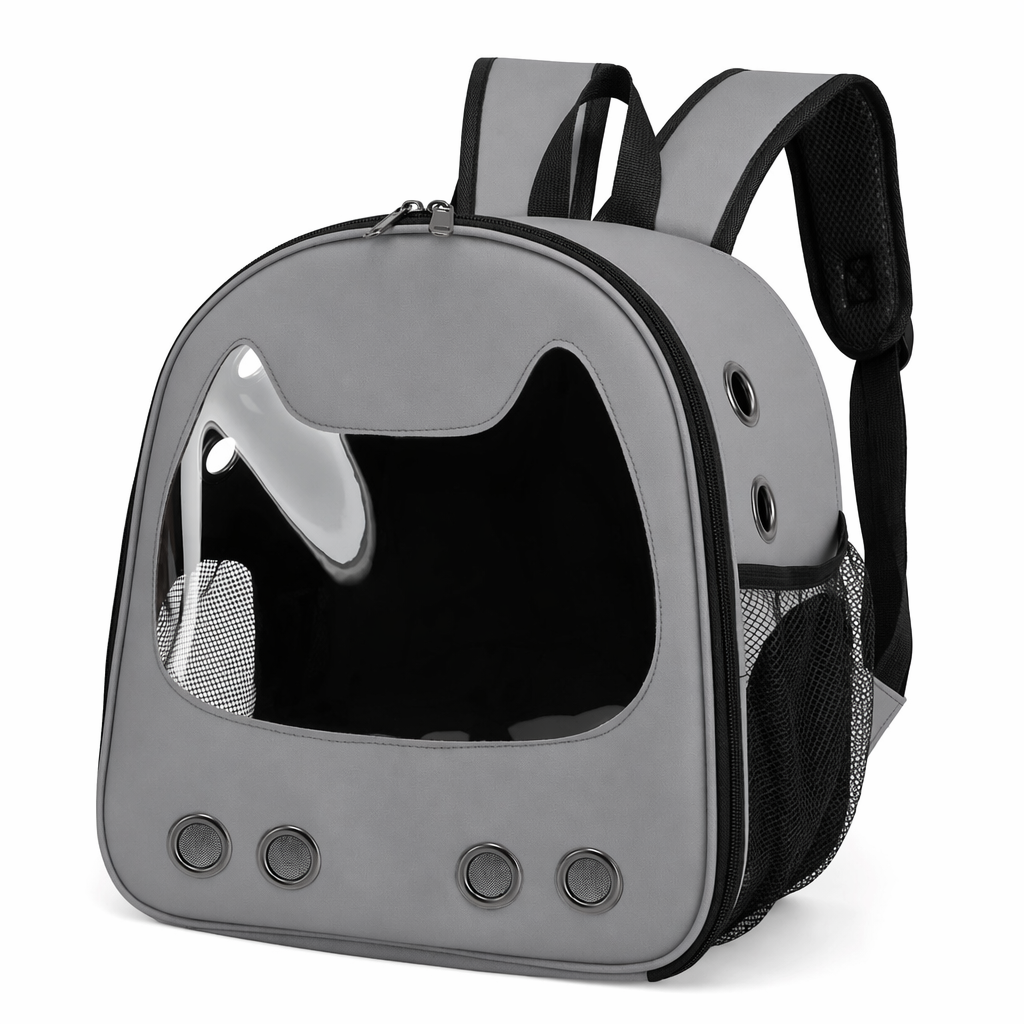 Pet Carrier Backpack with Feline Design for Small Sized Cats Gray