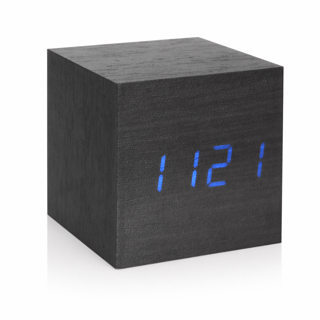Digital Alarm Clock with LED Wooden Thermometer Display Blue