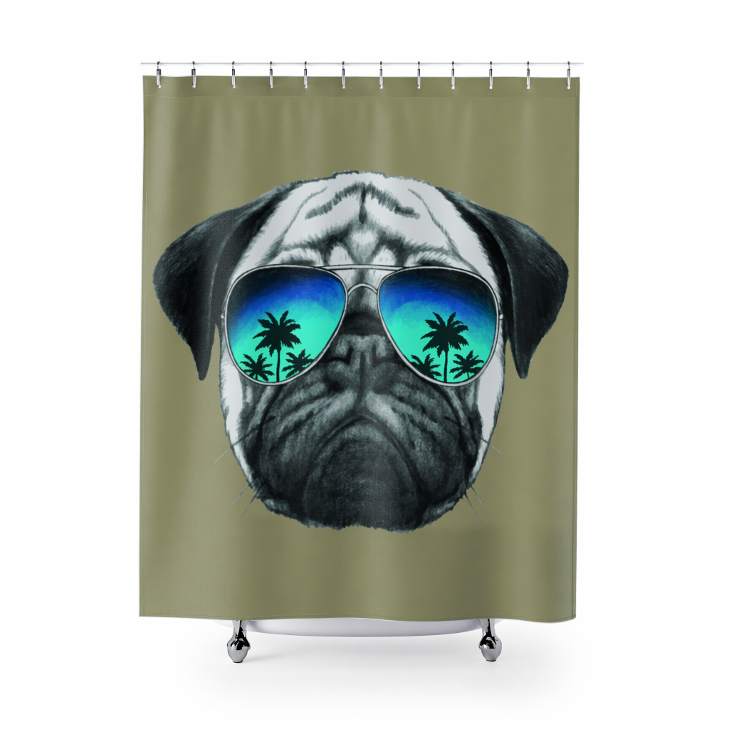 Beige Shower Curtains featuring a Pug Wearing Sunglasses Default
