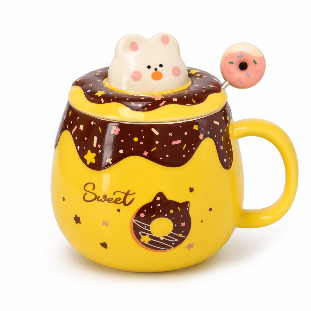 Kitten Theme Donut Cartoon Mug with Cover Yellow
