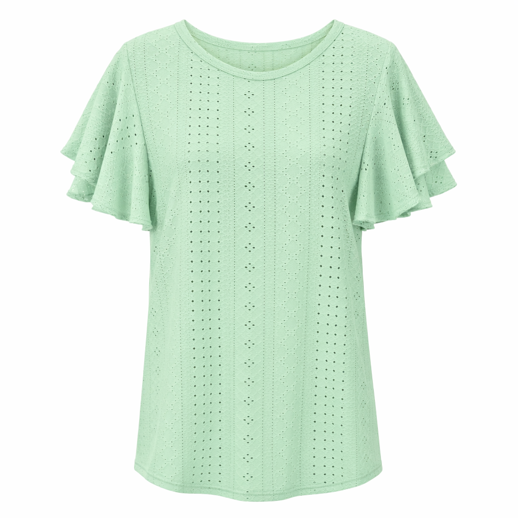 Ruffled Round Neck Top for Women with Cap Sleeves Green