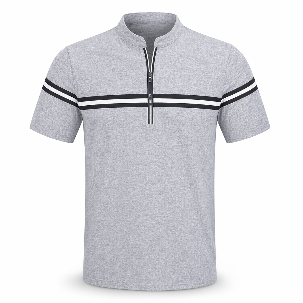Stand Collar Men's Polo Shirt with Stripes Light Gray