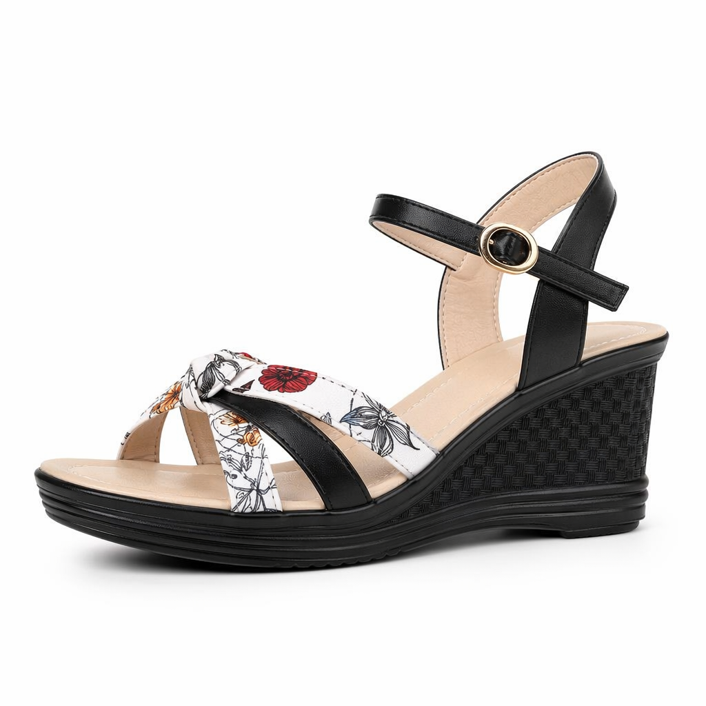 Floral Wedge Sandals for Women Black