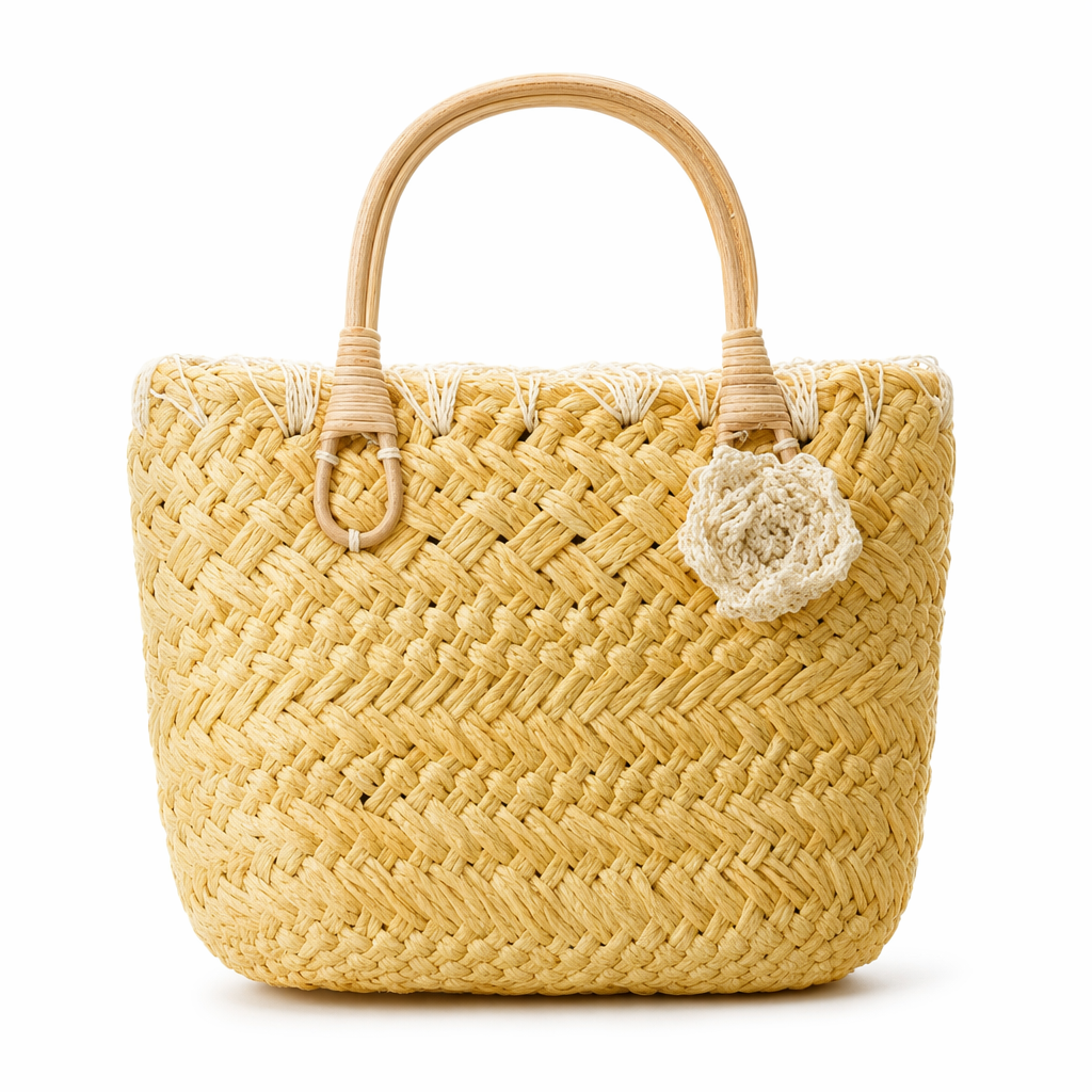 Straw Handbag with Rattan Handles by Coseey Yellow