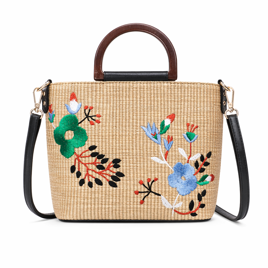 Straw Crossbody Bag with Beautiful Embroidery Black