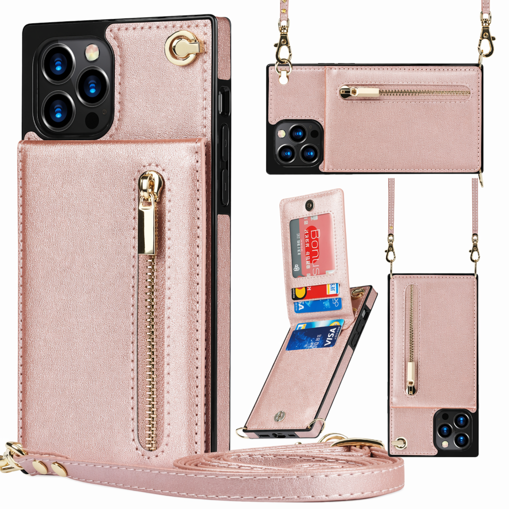Crossbody Strap Slim Wallet Case for iPhone Series with Zipper Closure Rose Gold