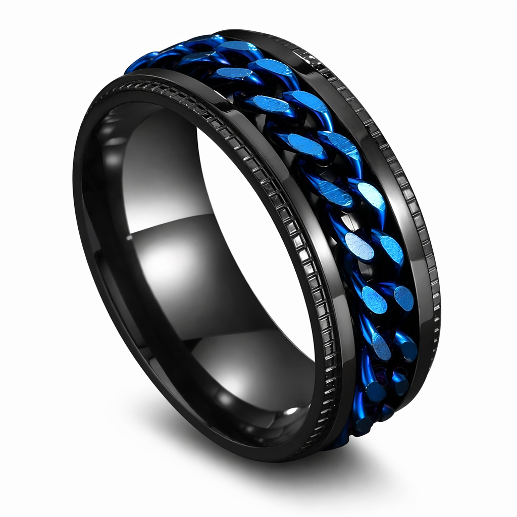 Rotating Black Chain Style Men's Stainless Steel Ring Blue