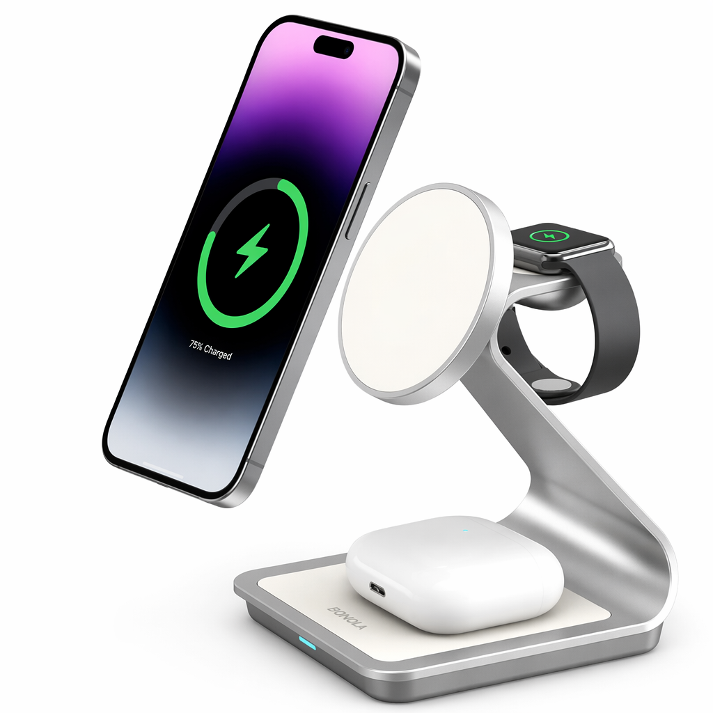 Apple Watch and iPhone 3 in 1 Wireless Charger with Magnetic Connectivity White