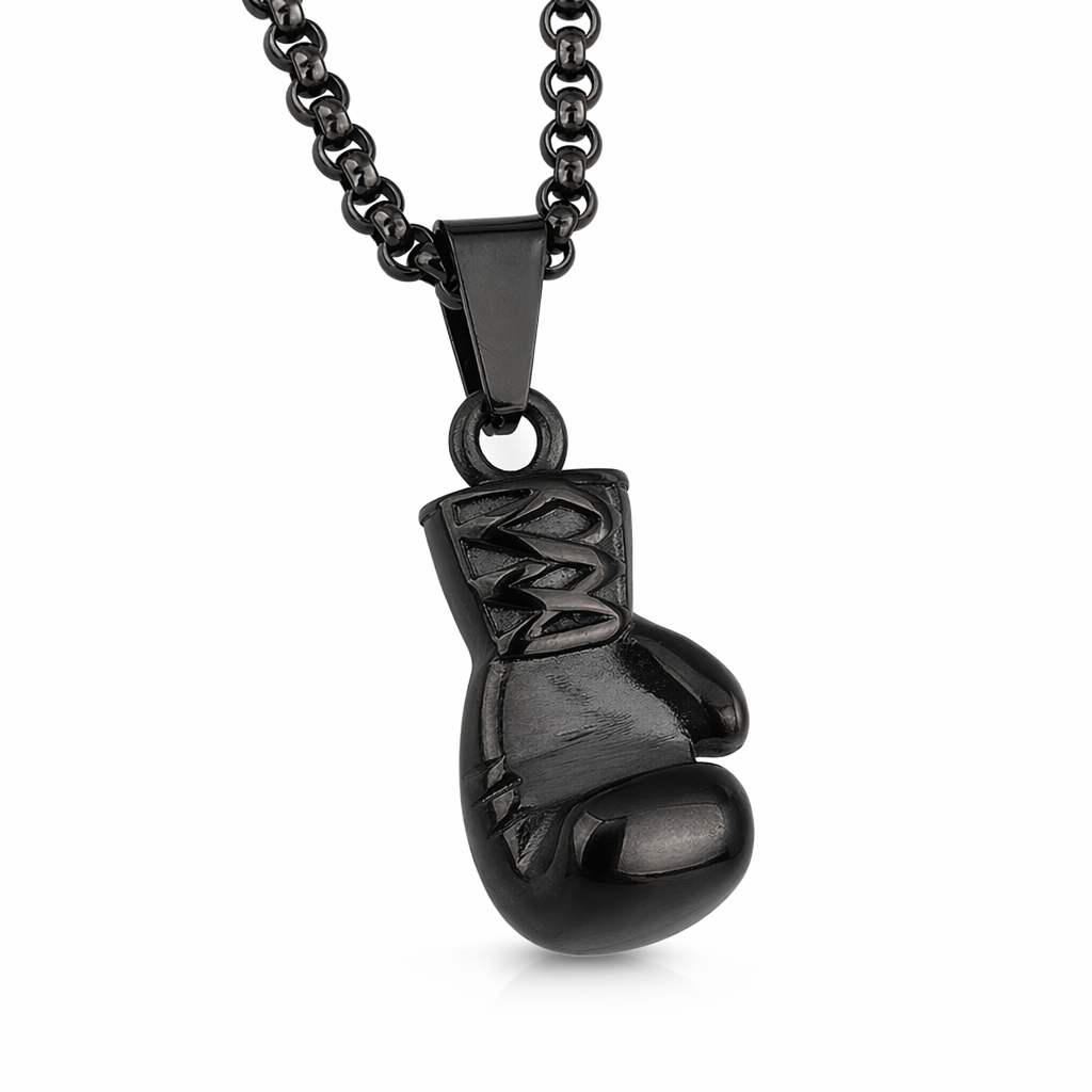 Boxing Glove Charm Necklace in Silver Finish Black