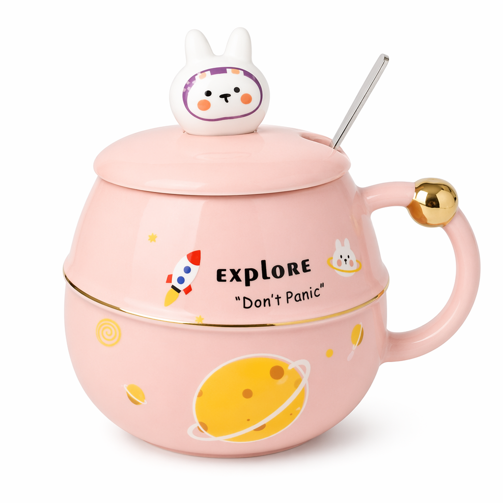 500ML Lid Coffee Mug with Space Cartoon Design Rabbit