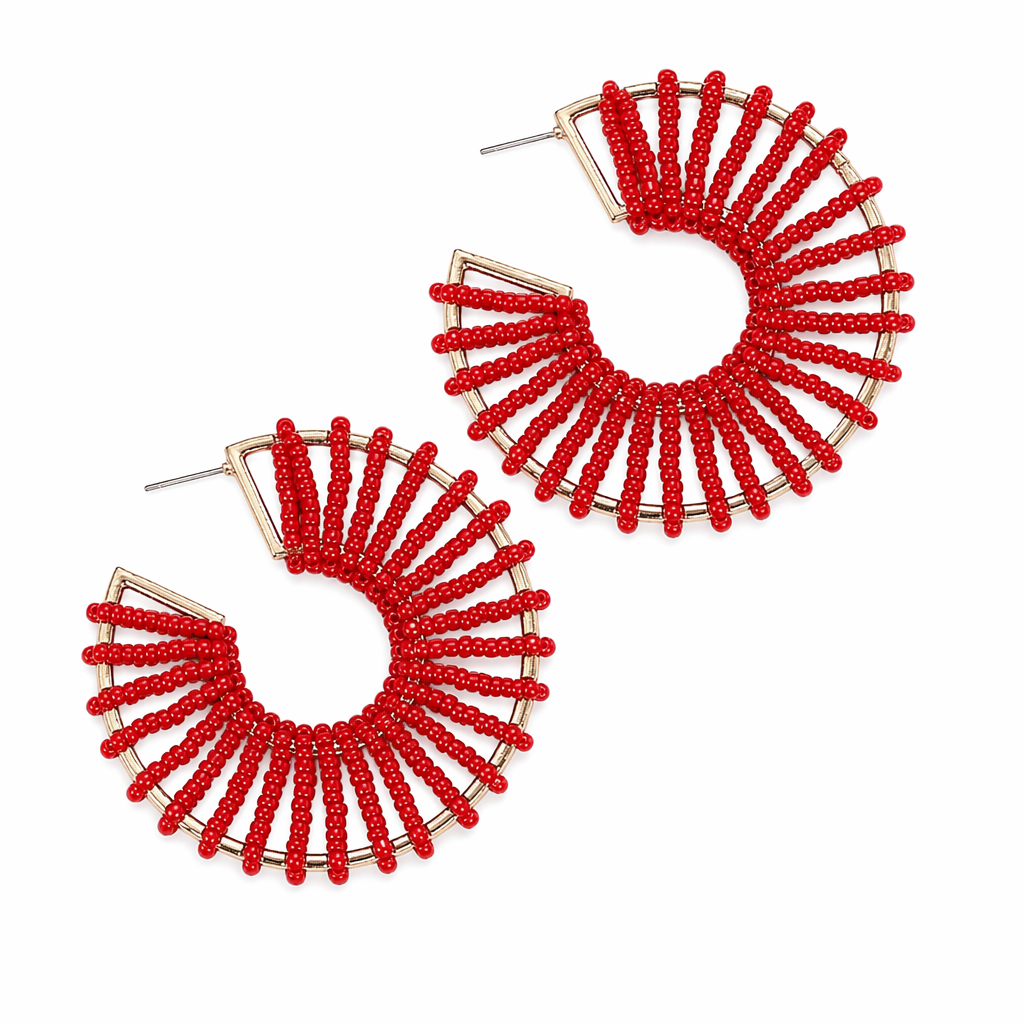 Colorful Round Beaded Earrings Red