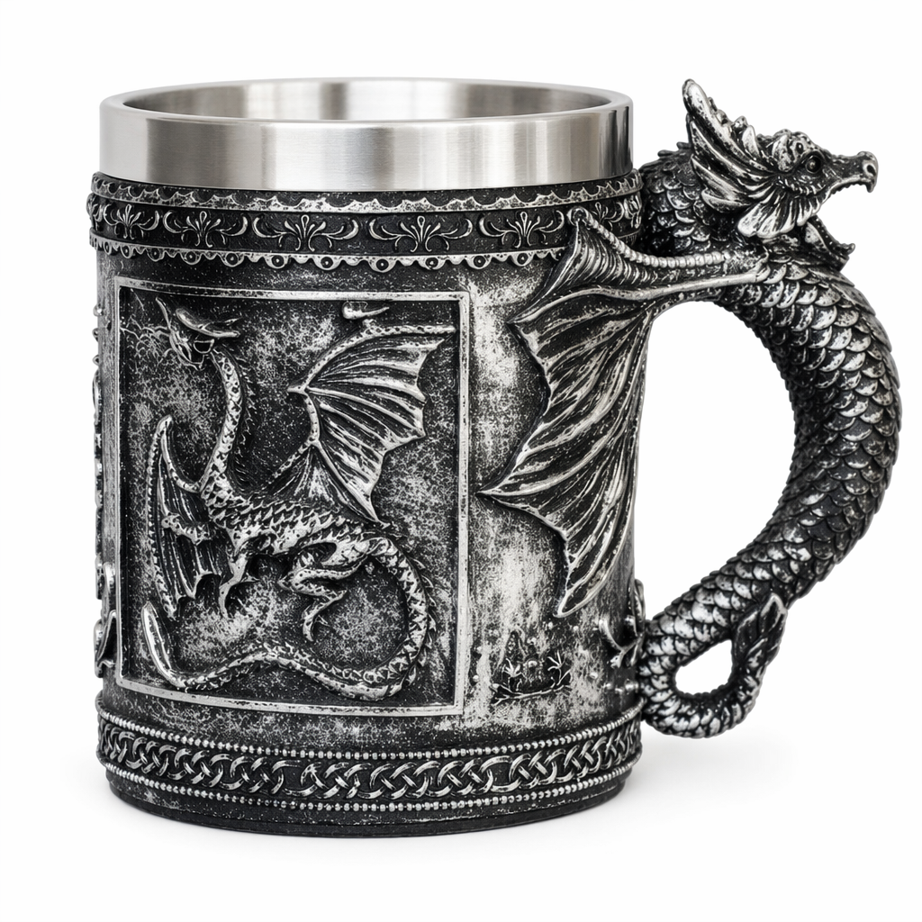 Dragon Design Stainless Steel Mug - 12oz Capacity Silver