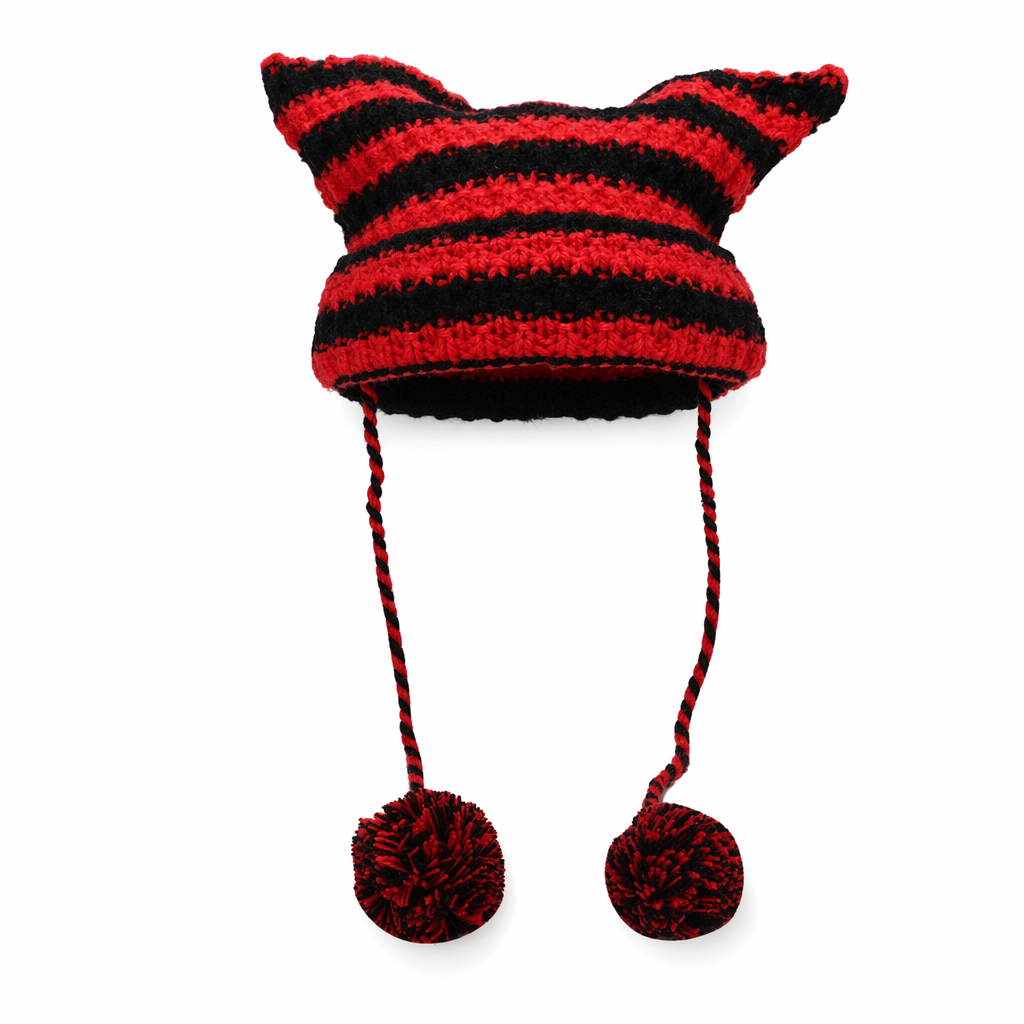 Striped Knitted Beanie for Adults red with pom