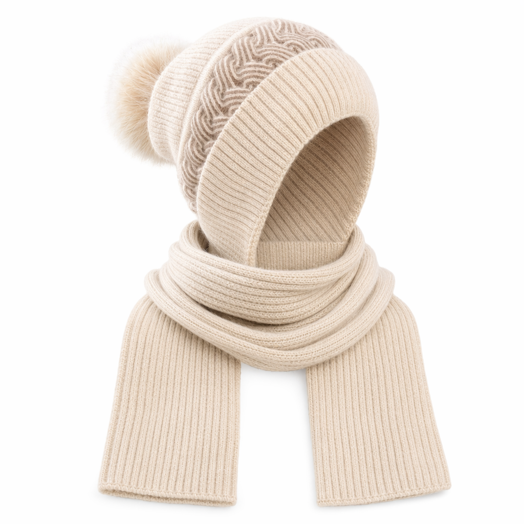 Warm Winter Scarf and Hat Set for Women Beige