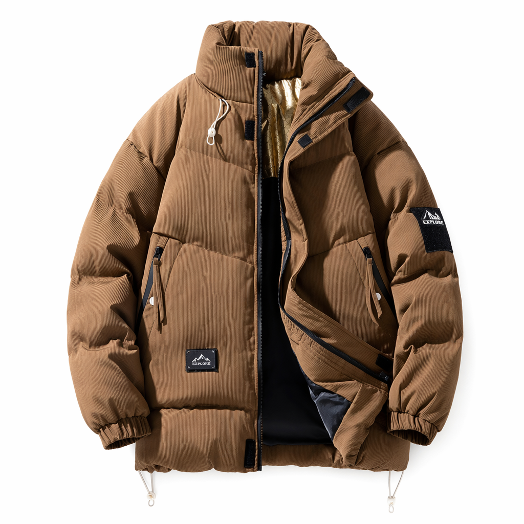 Puffer Jacket for Men with Stand Collar Brown