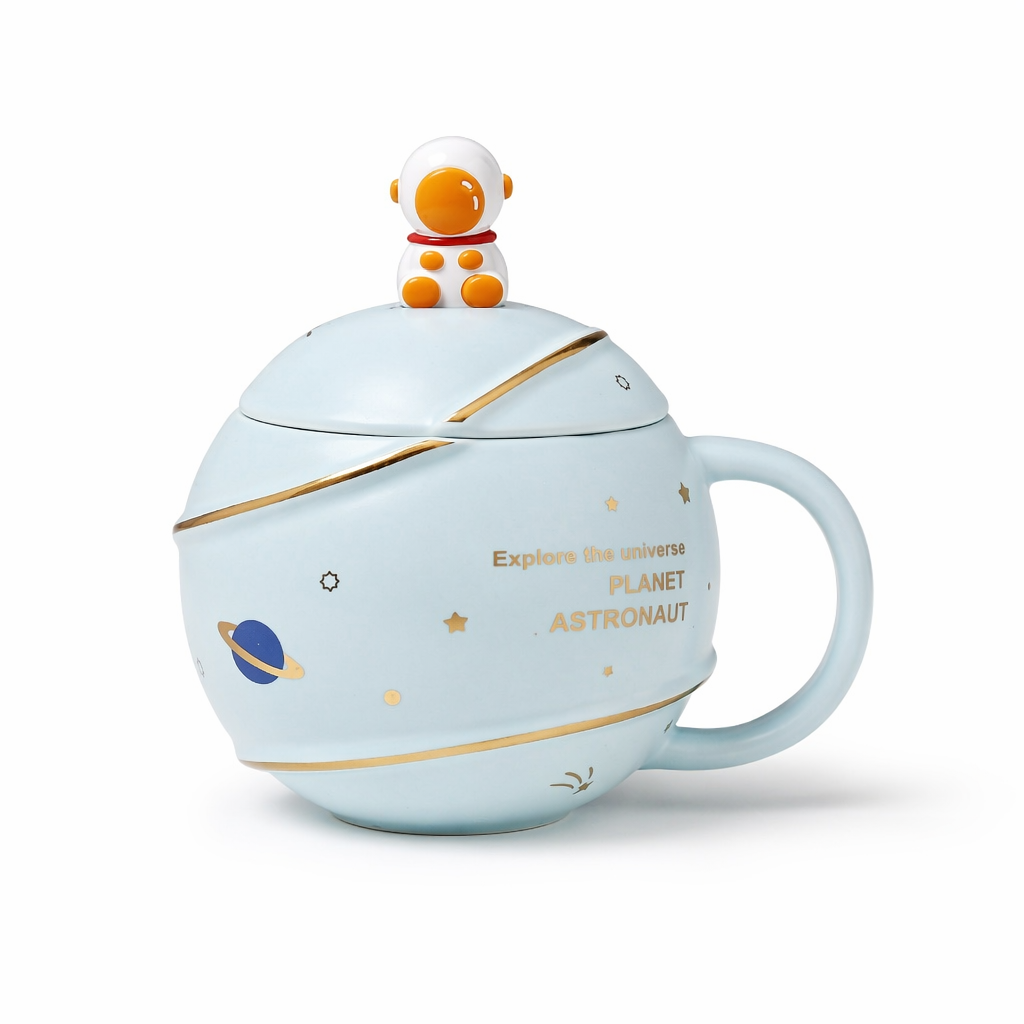 500ML Lid Coffee Mug with Space Cartoon Design Blue Astronaut