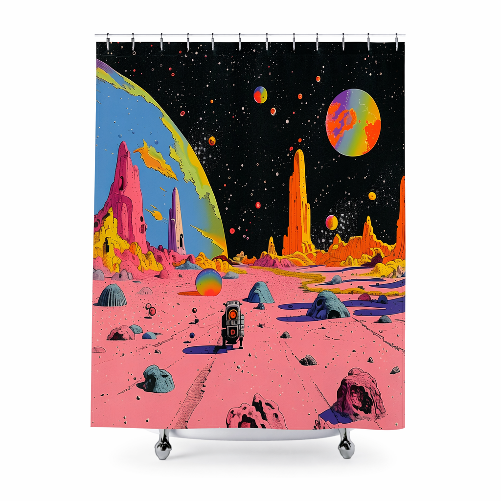 Shower Curtain Featuring Vintage Robot in Space Design Default