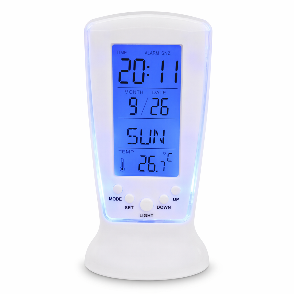 Digital Alarm Clock with LED Display and Clear Design Featuring Calendar and Temperature Indication Default
