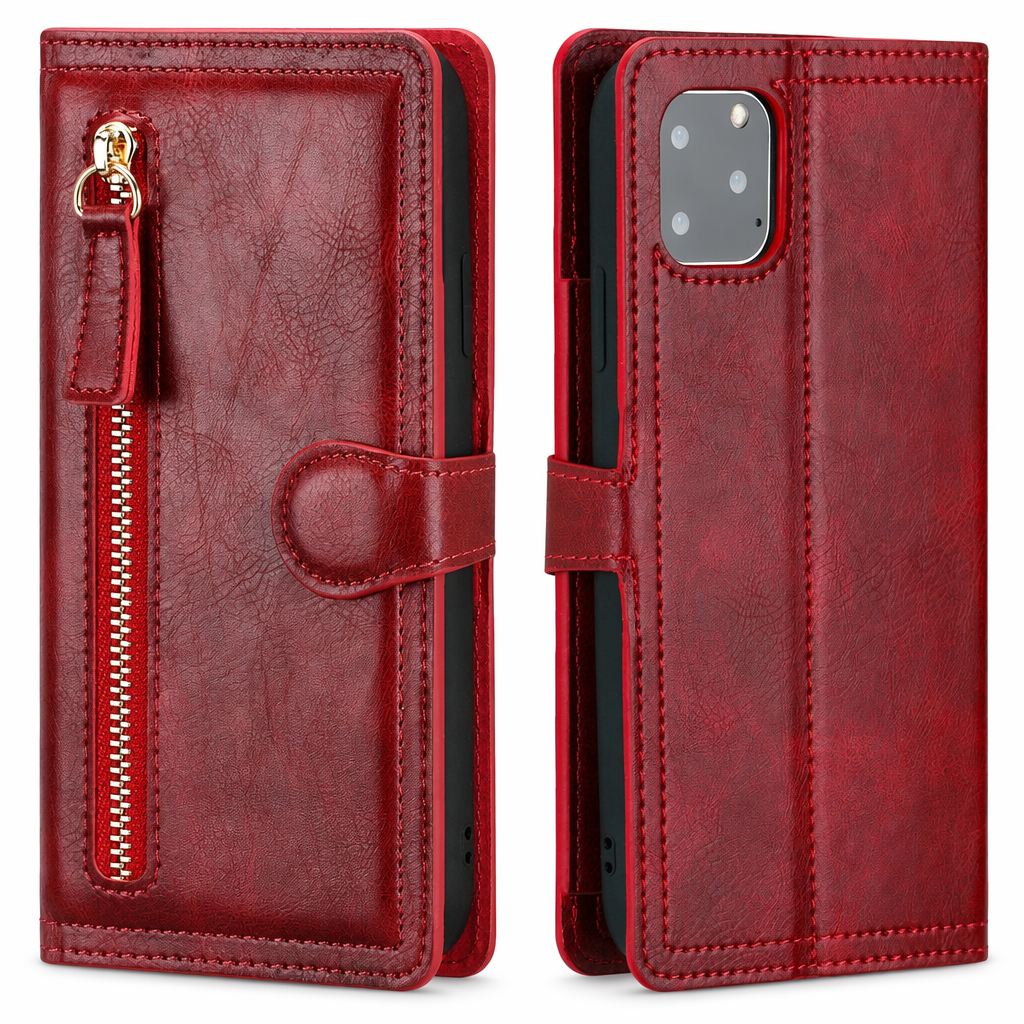 Wireless Charging Compatible Flip Case with Zippered Wallet for iPhone X to 14 Series Red