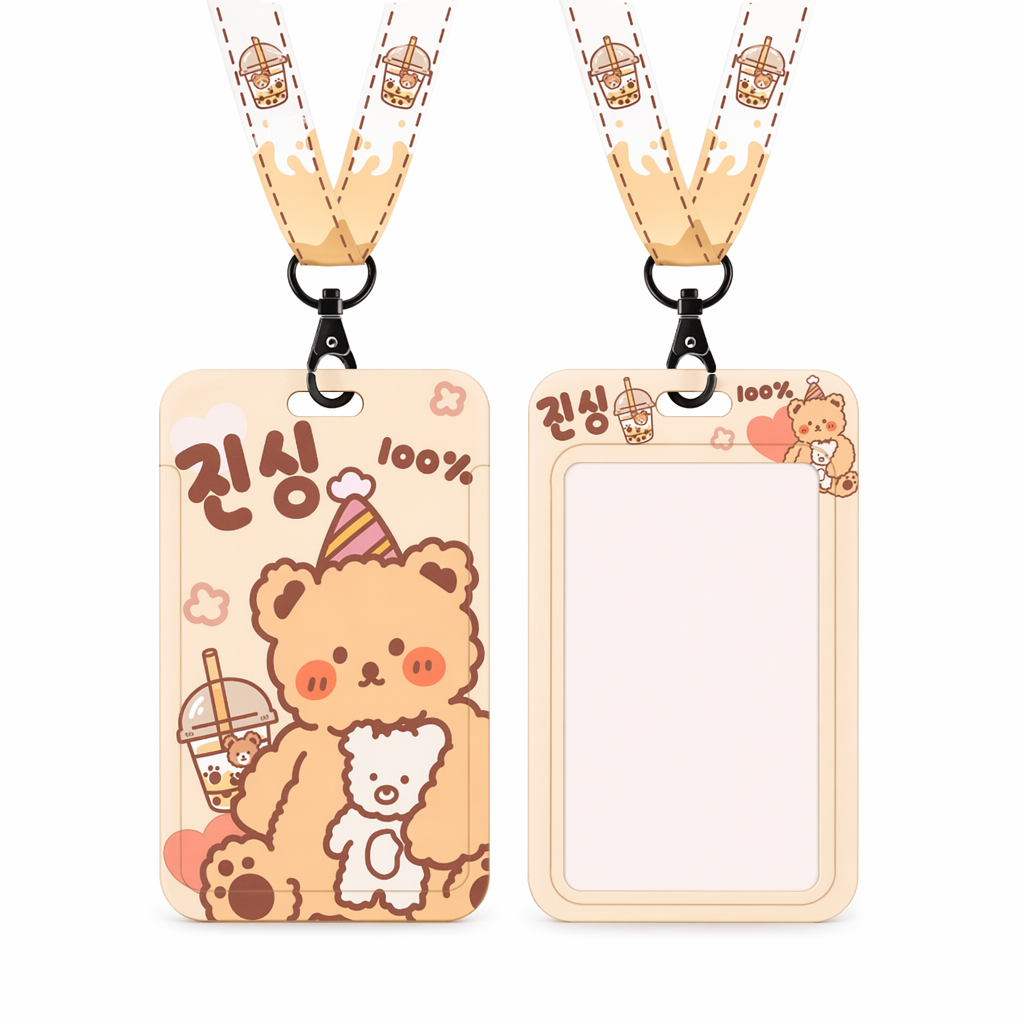 Cute Bear Design Card Holder with Lanyard Brown
