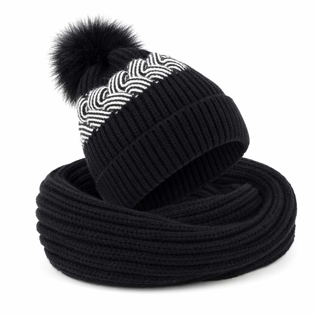 Warm Winter Scarf and Hat Set for Women Black