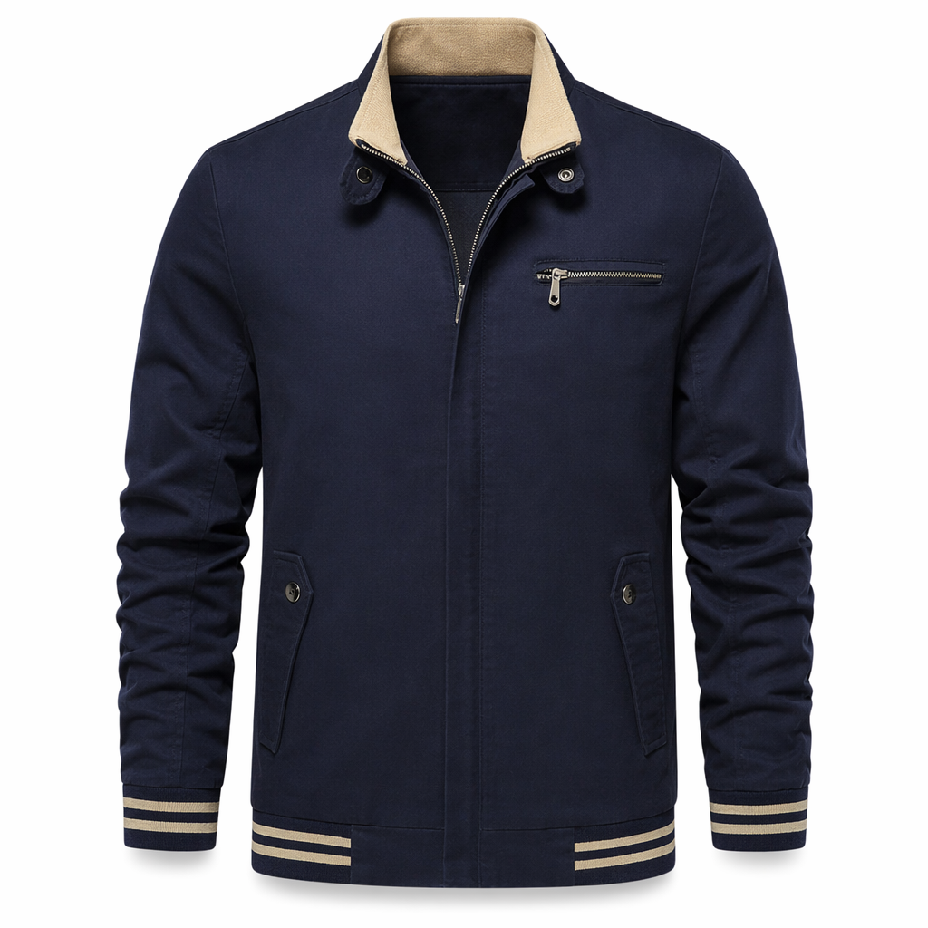 Navy Zip-Front Jacket for Men with Stand Collar Default