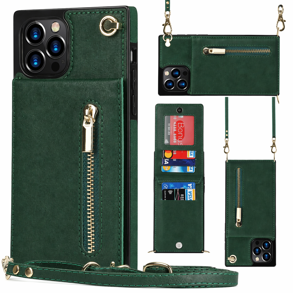 Crossbody Strap Slim Wallet Case for iPhone Series with Zipper Closure Green
