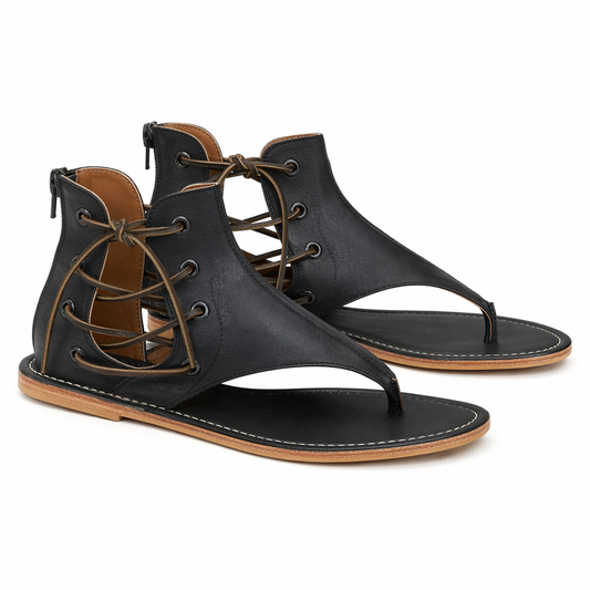 Vegan Leather Gladiator Sandals for Women with Lace-Up Design Black