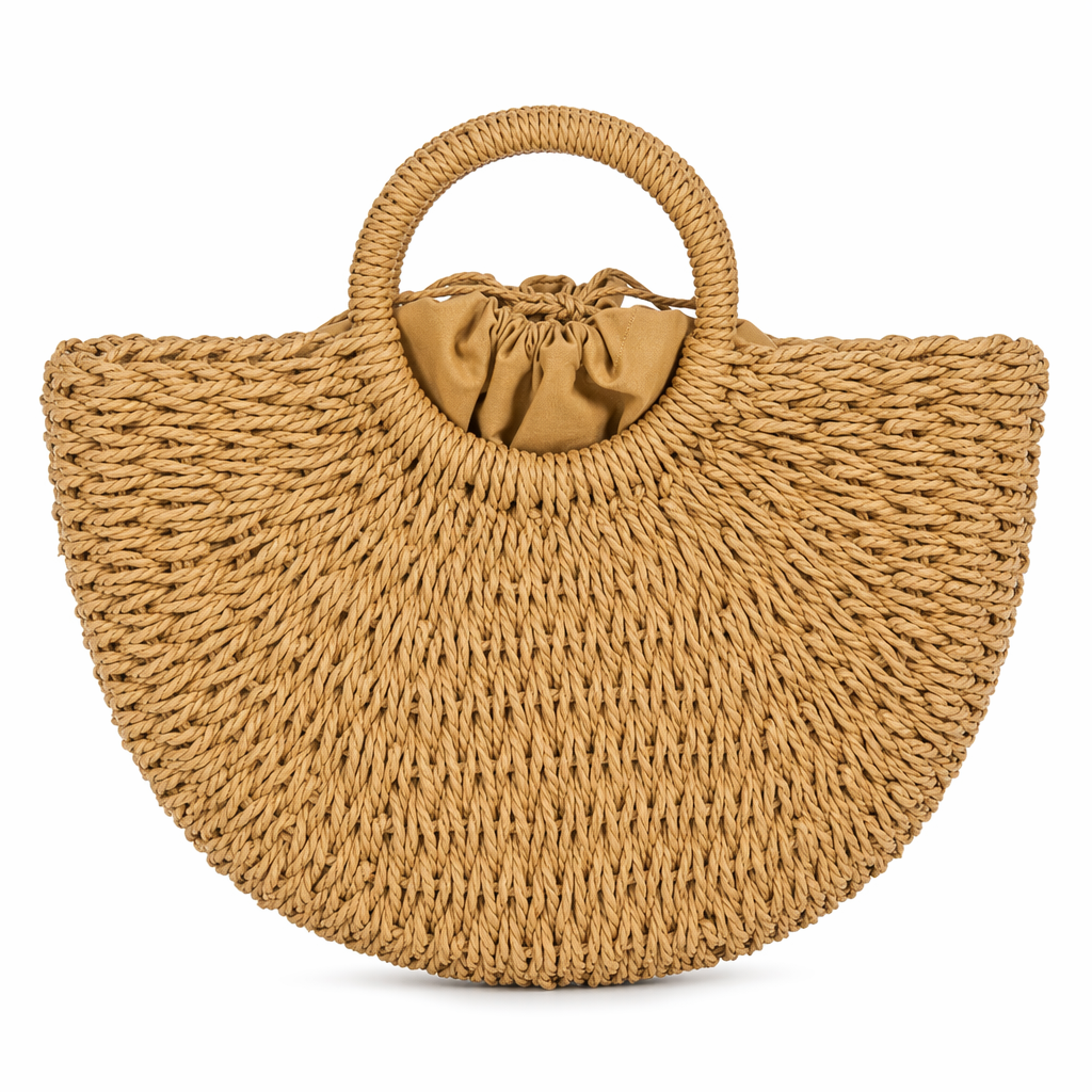 Summer Top Handle Circular Straw Bag Khaki